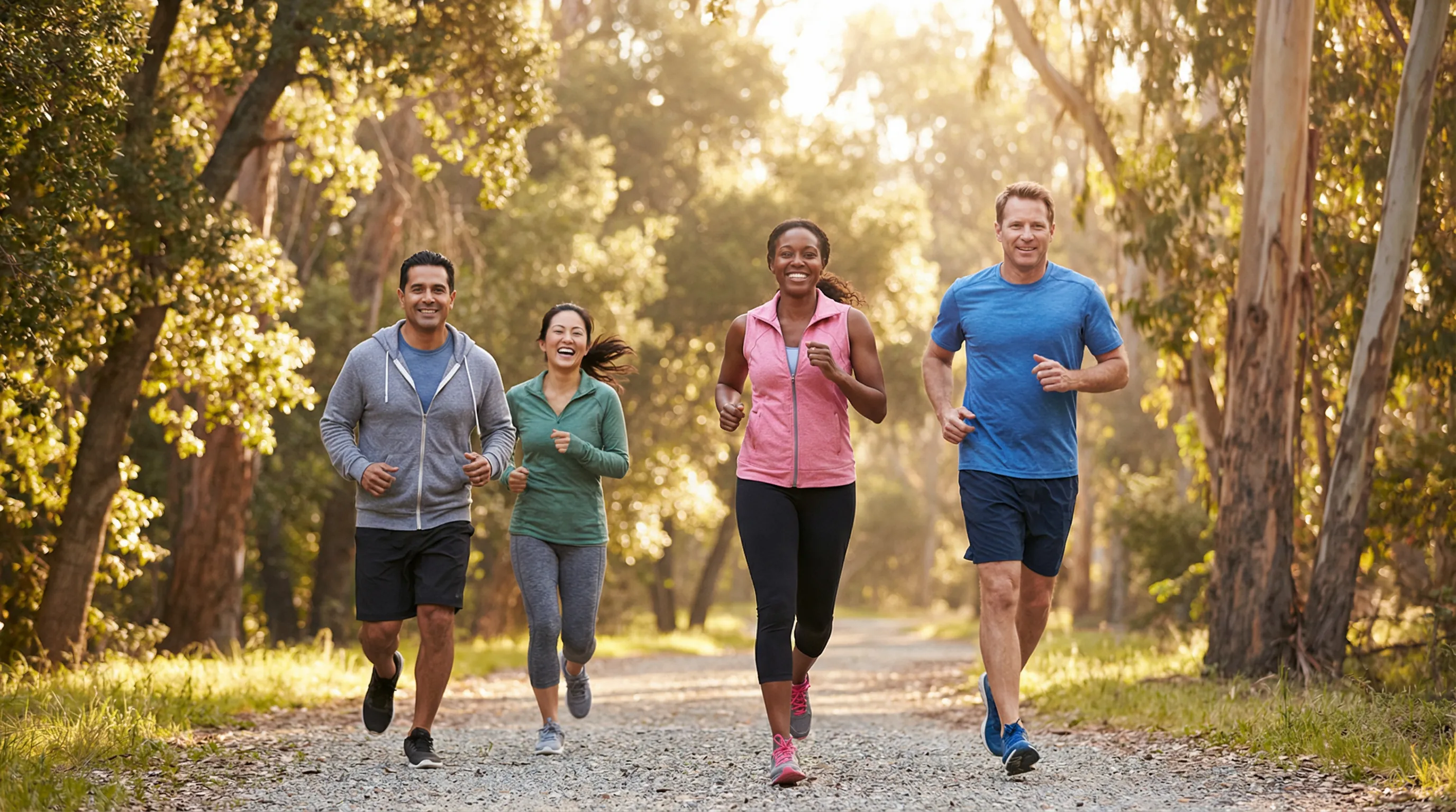 Diverse group of adults running on a scenic trail without glasses — active lifestyle with sleepSEE