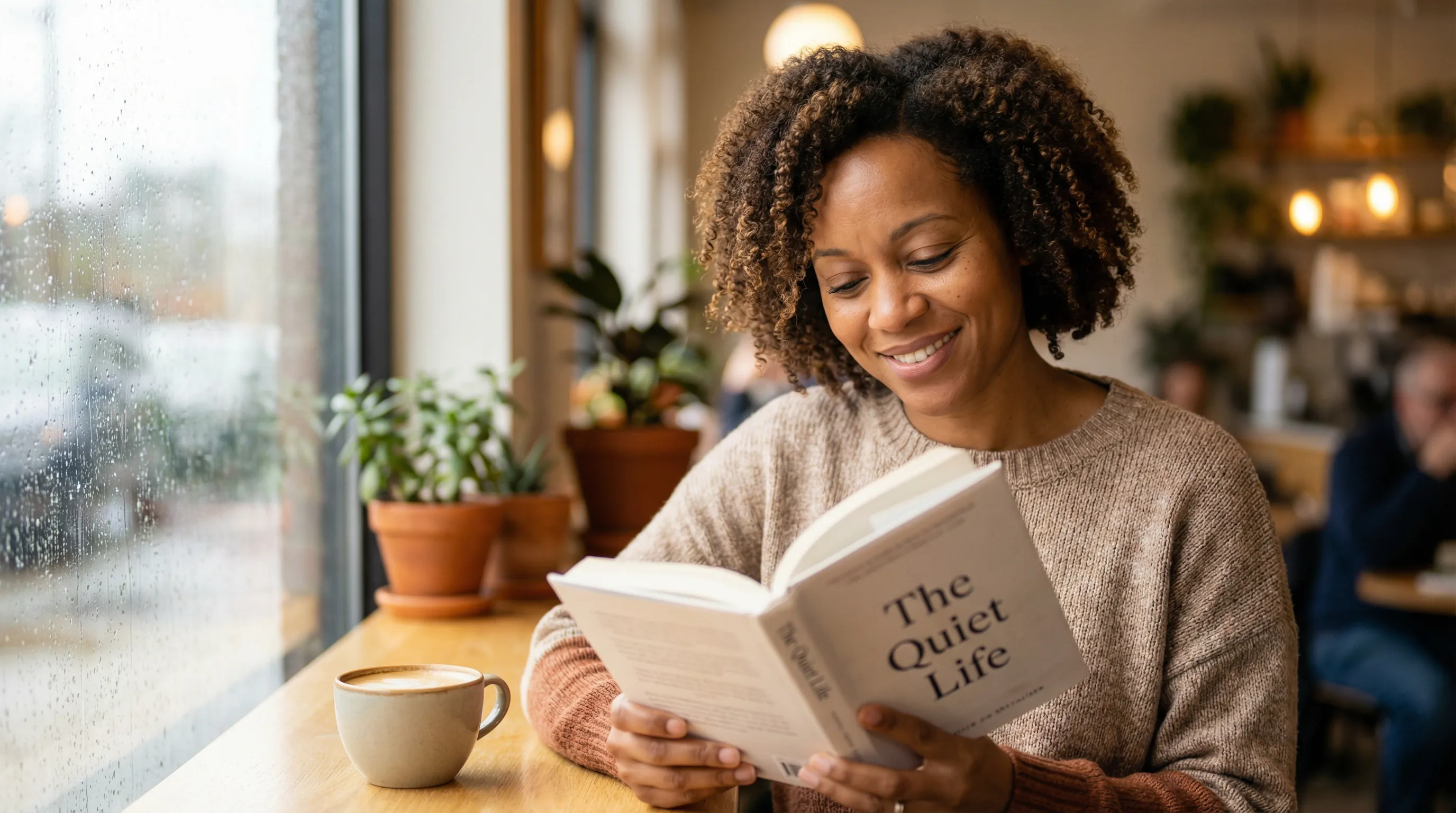 Woman reading comfortably at a cafe without glasses — clear vision restored with sleepSEE after LASIK regression