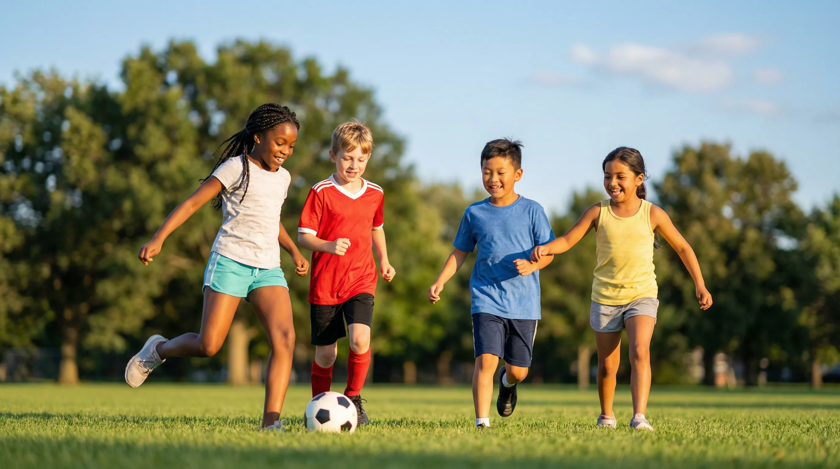 Diverse group of children playing soccer outdoors without glasses — clear vision with sleepSEE